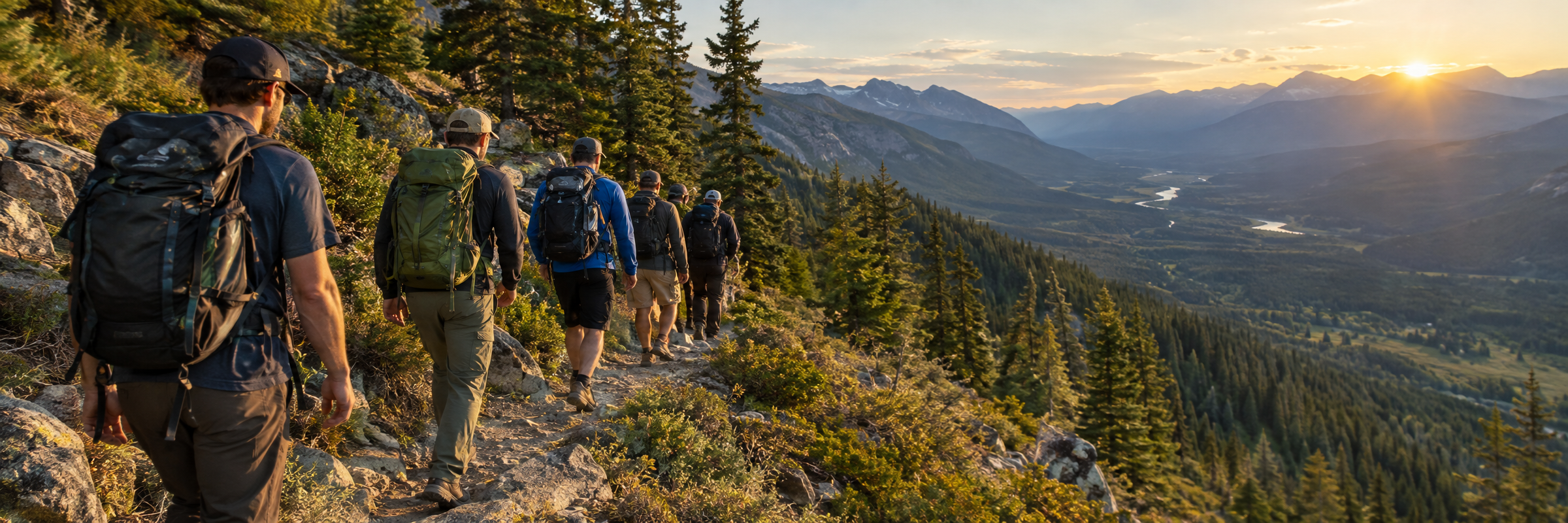 A crew of men with packs walking single file along a mountain trail at sunset
