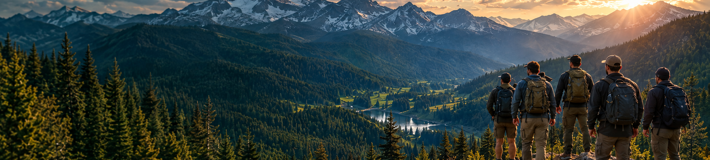 A crew of men with packs looking out over a mountain valley at golden hour