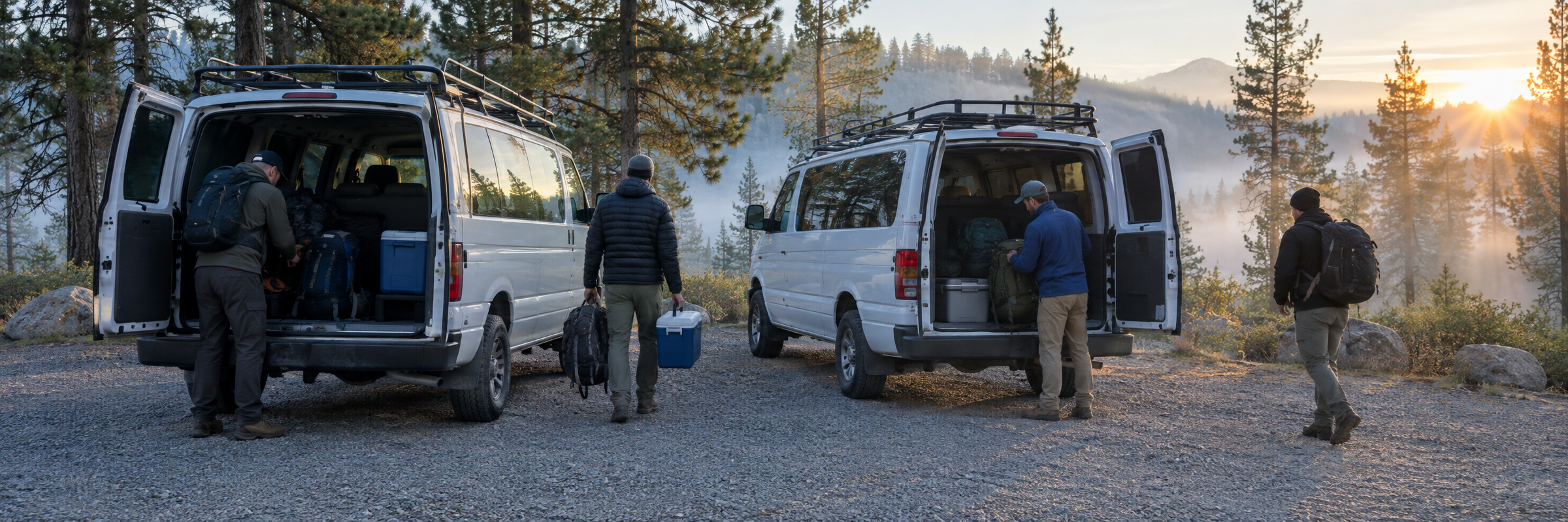Men loading packs and coolers into two vans at a trailhead at dawn