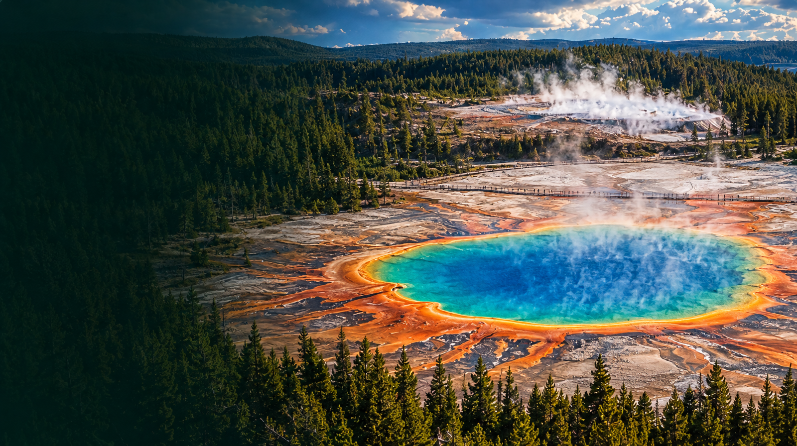 Grand Prismatic Spring steaming in a pine valley, Yellowstone